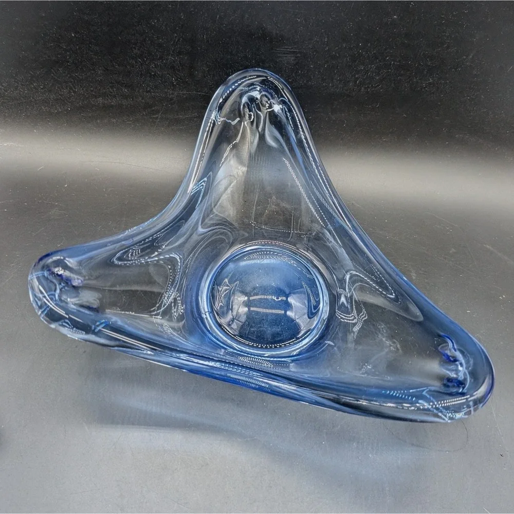 Holmegaard Per Lutken Blue Art Glass Triangular Bowl Danish Mid Century Modern